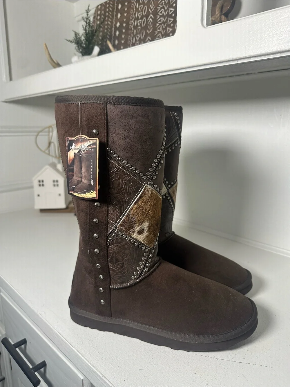 Montana West Women’s Size 8 Brown Western Winter Boots Cowhide Studded Mid Calf